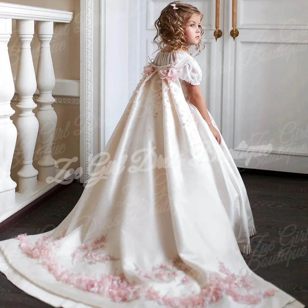 White Floral Crystal Beaded Trailing Flower Girl Dress Custom Floor Length Princess Wedding First Holy Communion Ball Gown
