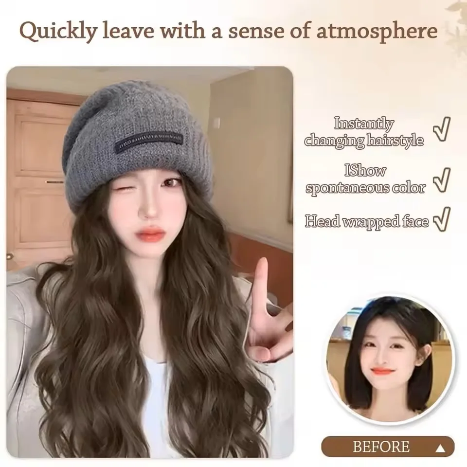 All In One Synthetic Knitted Cap Wig With Traceless Soft Beanie Hair Full Head Machine Made Wig for Women Autumn Winter Wear