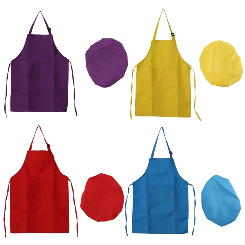 8-Piece Children's Apron And Chef Hat Set, Adjustable, With 2-Pocket Kitchen Apron Apron