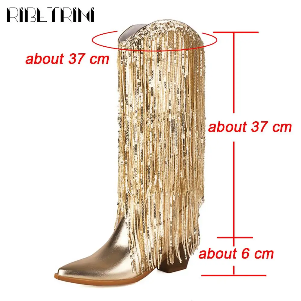 Glitter Shiny Fringe Women Western Boots Slip On Mid Calf Chunky Block Heels Shoes Sexy Elegant Party Nightclub Luxury Boots