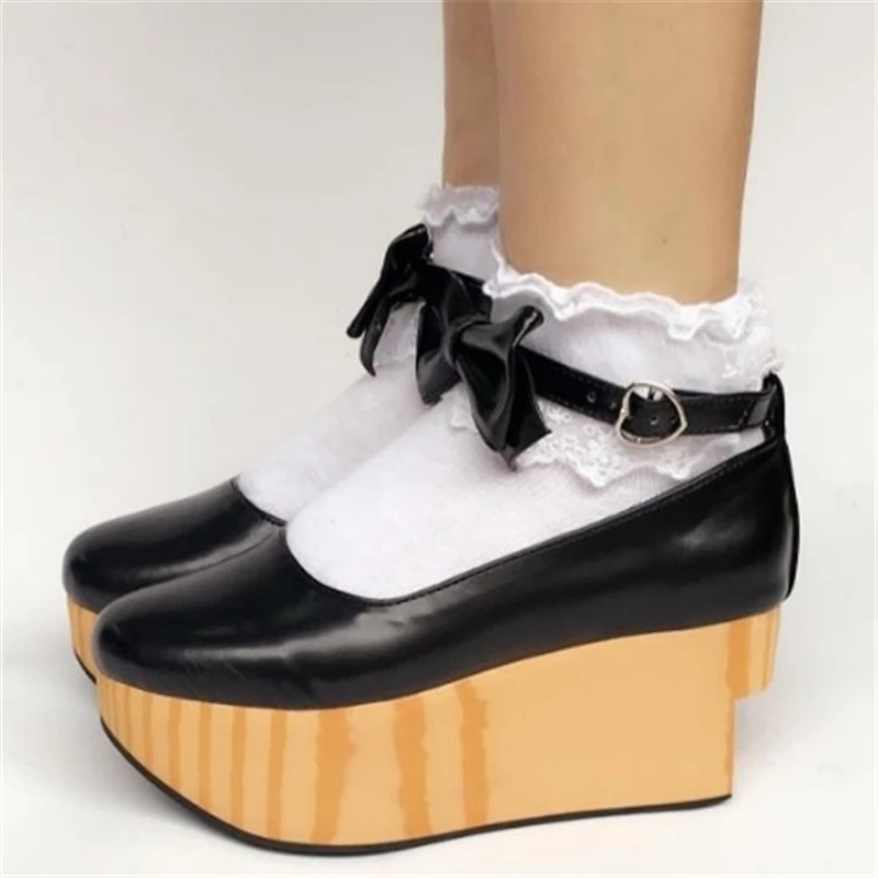 Cute Bowknot Women Platform Pumps Ankle Straps Lolita Cosplay Creepers High Heel Wedge Shoes Woman Wood Heel Thick Sole Wedges