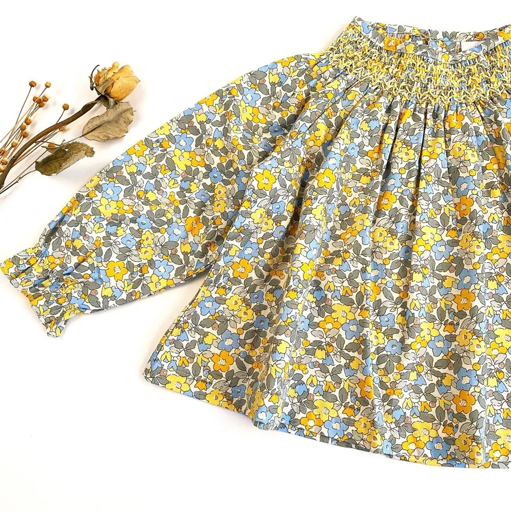 

toddler tops baby clothes Yellow floral pattern long sleeve top Girls Spring T-shirt Hand embroidered pastoral style blouse