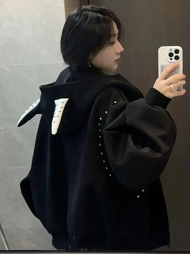 American Sle Ear Hooded Zipper Cardigan Sweatshirt Bla ort Thiened Fce Oberbekleidung für Damen Frühling 2026