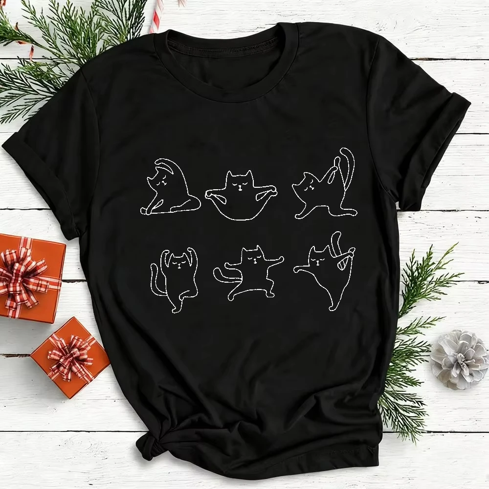 Funny Cat Yoga Shirt Casual Crewneck Short-Sleeve Clothes Women Fitted Novelty Trend Humor Style Cute Cat Lovers Gift view 2