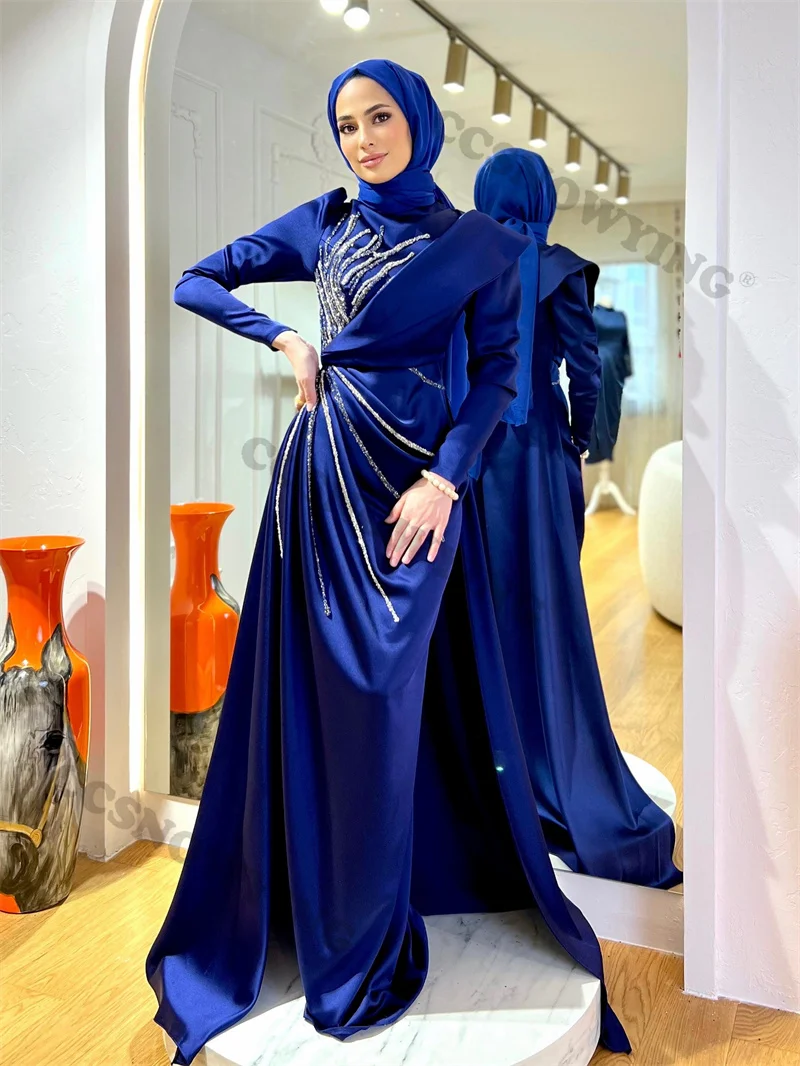 

Satin Beaded High Neck Hijab Muslim Evening Dress Long Sleeve A Line Islamic Women Formal Party Gown Arabia Dubai Robe De Soiree