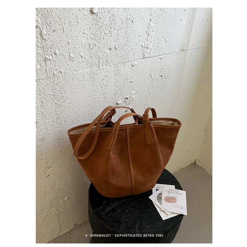 High Quality Women Vintage Solid Faux Suede Tote Bag Large Capacity Casual Shoulder Bag Soft Open Top Commute Handbag 2026 New