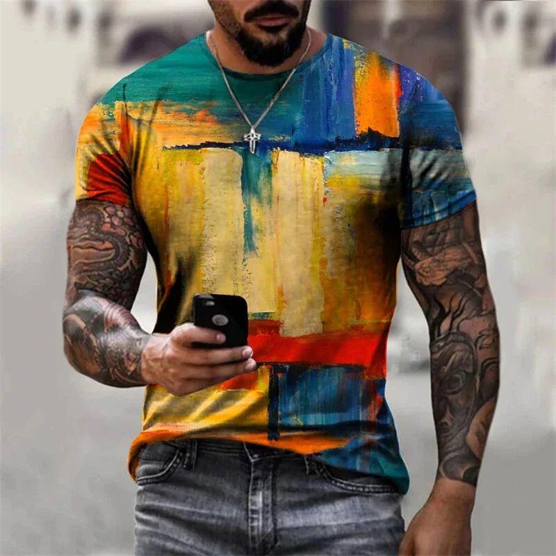 Vintage Color Block Pattern T-Shirt Men's Retro Stripe 3D Printed Short Sleeve Tees Unisex Oversized Street O-Neck Tops T Shirts