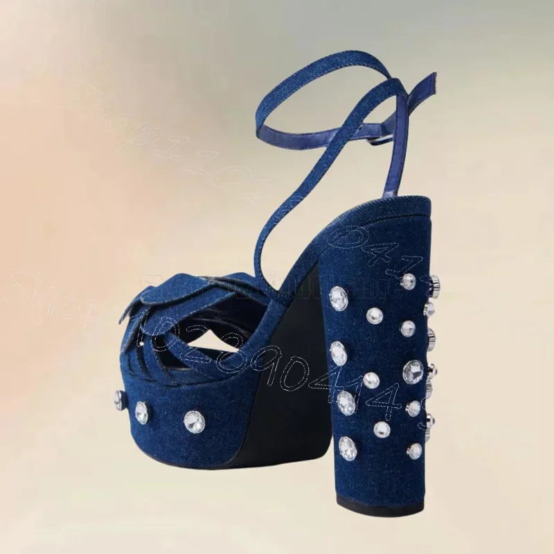 

Blue Denim Flower Crystal Decor Platform Sandals Buckle Strap Women Shoes Open Toe Party Banquet Dating 2026 Zapatos Para Mujere