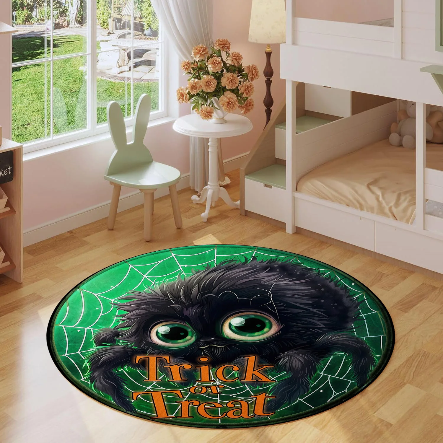 Trick Or Treat Cute Fluffy Spider Cobweb Halloween Green Background Pattern Holiday Luxury Round Mat Area Rug Home Decor
