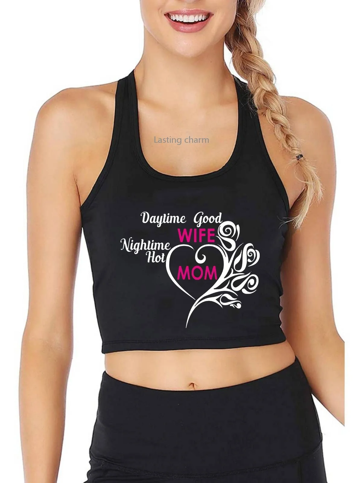 Daytime Good Wife, Nighmotime Hot Mom Print Tank Top Adult Humor Fun Flirty Harajuku Print Yoga Sports Workout Crop Top