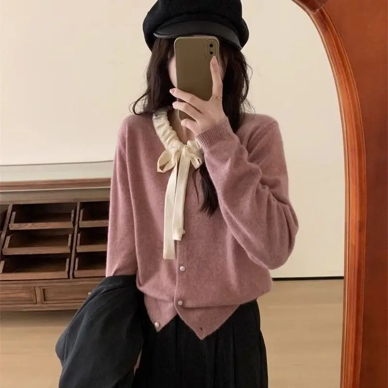 Korean Sweet Drawstring Bow Sweaters Autumn Winter Stylish Folds Spliced Women\'s Clothing Solid Color Basic Knitted Cardigan New