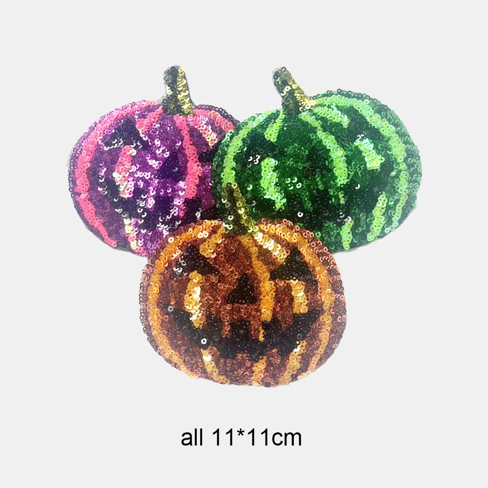 1 Piece Sequins Iron on Patch, 11*11 cm Halloween Pumpkin DIY Applique Clothes Decoration Accessories Back Adhesive