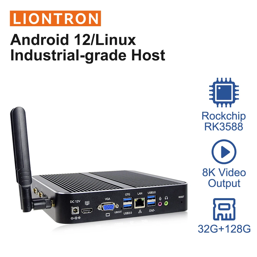 Liontron Fanless Android 12 Mini PC RK3588 Edge Gateway 6Tops 32GB RAM 8K RJ45 Lan Industria RS232 RS485 VGA HDMI BT WIFI