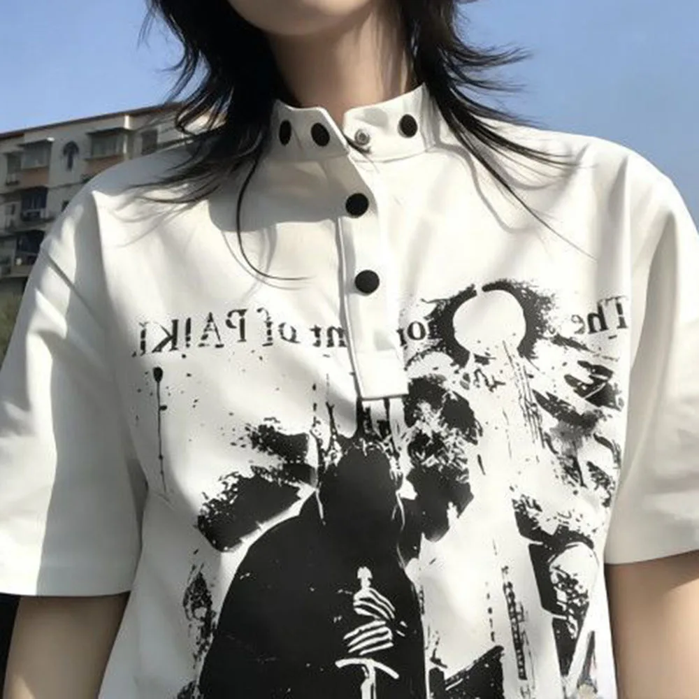 y2k Henry collar short-sleeved summer new castle print T-shirt men's and women's visual niche wear top