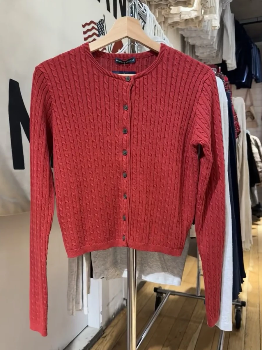 2025 Autumn Winter New Vintage Red Women Sweater Solid Color Slim Simple Knit Cardigan Single Breasted Casual Coat Sweet Jacket