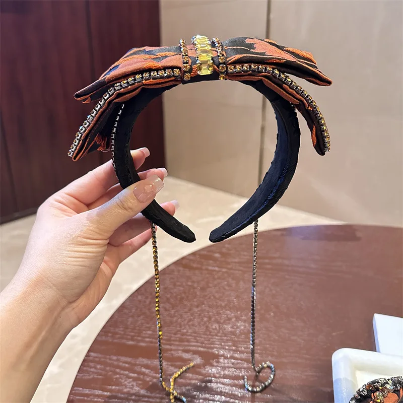 Orange Rhinestone Crystal Diamond Headbands for Women Fashion Handmade Wide Hair Hoops Beaded Bling HairBand Hair Accessories