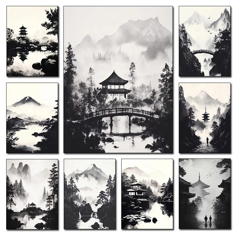 Moines près de la pagode réfléchissant sur le lac brumeux – Art zen noir et blanc, style chinois minimaliste, affiche de pavillon, sérénité paisible
