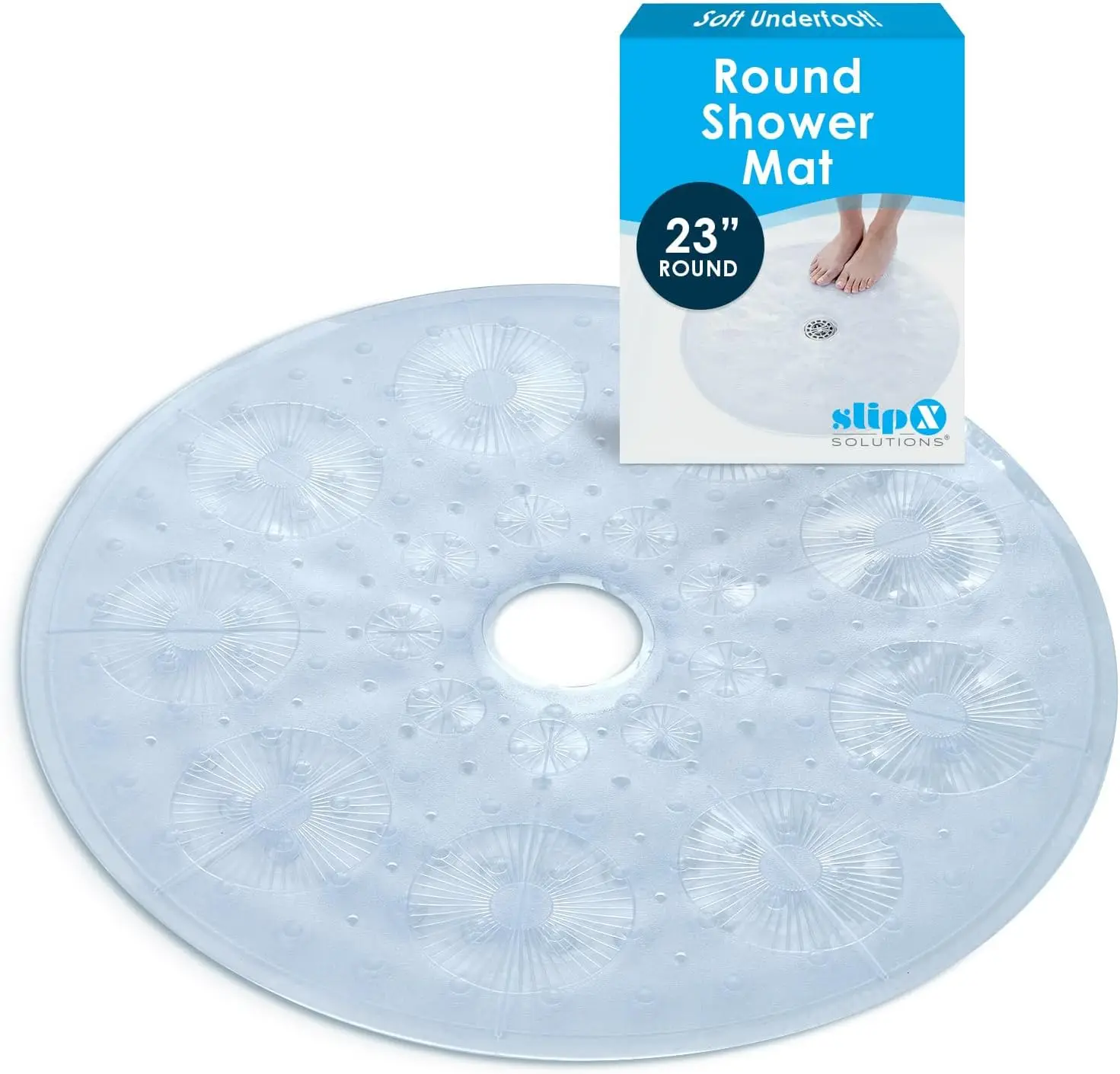 

23" Round Non-Slip Shower Mat, Clear Vinyl, 160 Suction Cups, Essential Coverage & Drainage, for Elderly & Kids