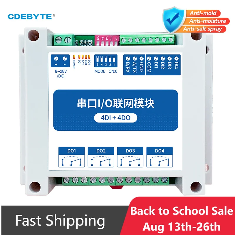 ModBus RTU Serial IO Module RS485 Interface 4DI+4DO 4 Digital Outputs Rail Installation 8~28VDC CDEBYTE MA01-AXCX4040