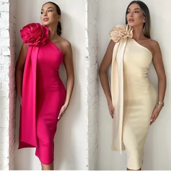 Jersey Flower Celebrity Sheath One-shoulder Bespoke Occasion Gown Midi Dresses