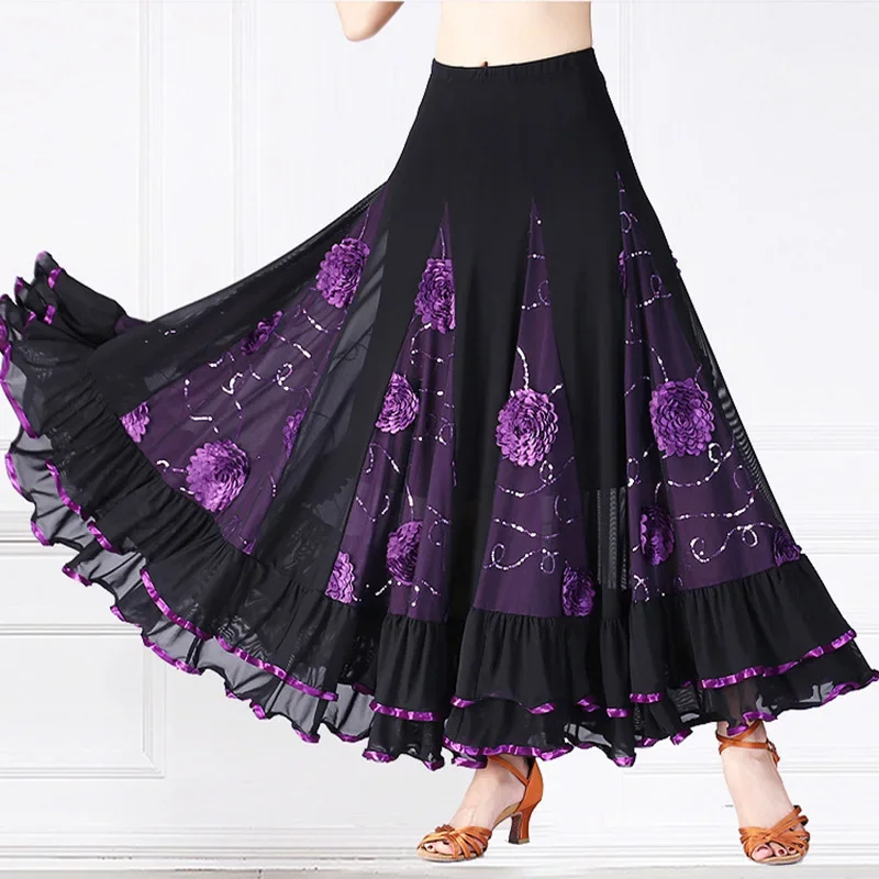 Vestido de baile de salón para mujer, con lentejuelas y motivos florales, falda larga de estilo español, falda de baile moderno y jazz, traje para competiciones y actuaciones en el escenario.