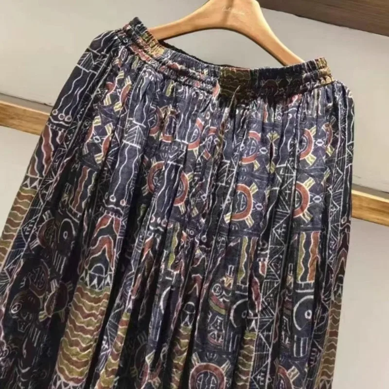 Johnature 2025, lockerer Ethno-Stil, Retro-Distressed-Blau, Patchwork, bedruckt, Ramie, doppellagiges Futter, lässige Damenröcke