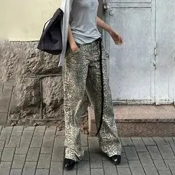 Men And Women Leopard Print Jeans Women Denim Pants Female Oversize Wide Leg Trousers Loose Pockets High Street Jeans Streetwear