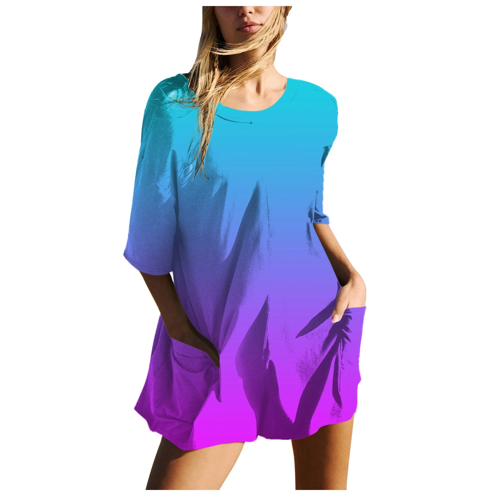 Fashion Short Sleeve Beach Playsuit For Women 2024 Summer Casual Pocket Casual Shorts Jumpsuits One Pieces Gradient Jumpsuit