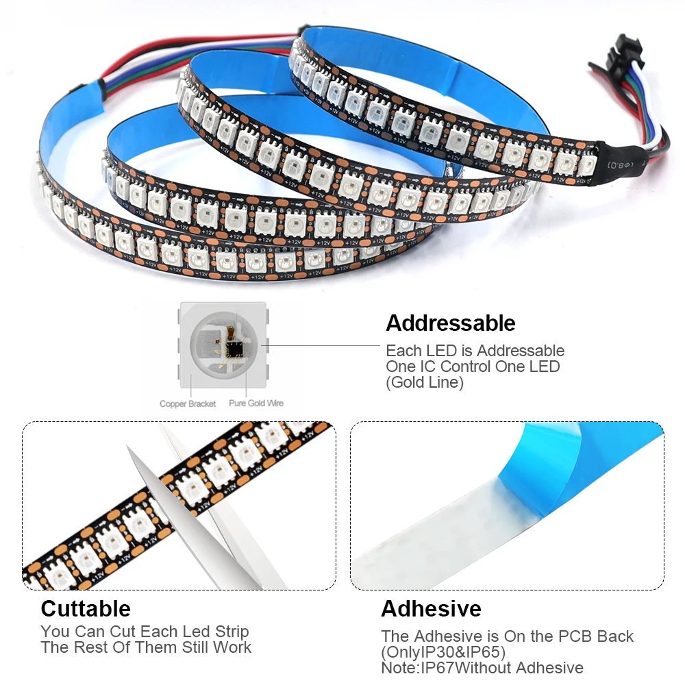 DC5V 12V WS2813 WS2815 RGB LED Strip Individually Addressable 5050 Full Color Smart Pixels Light 30/60/144leds/m Waterproof Tape