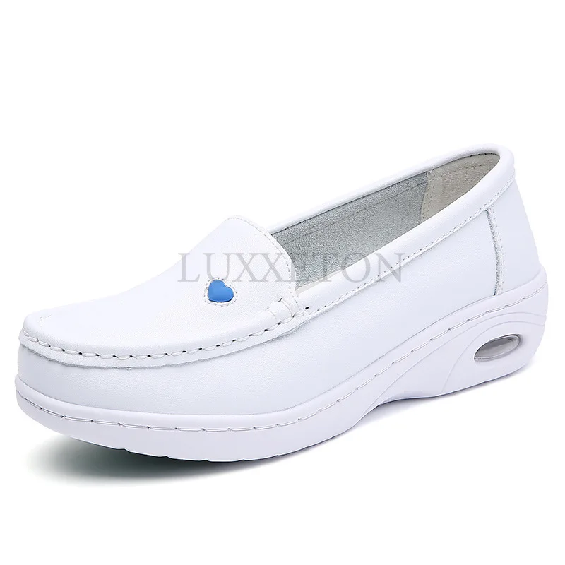 Women Flat Leather Shoes Casual White Wedge Heel Soft Sole Non Slip Caring Comfortable Mother Nurse Work Shoes