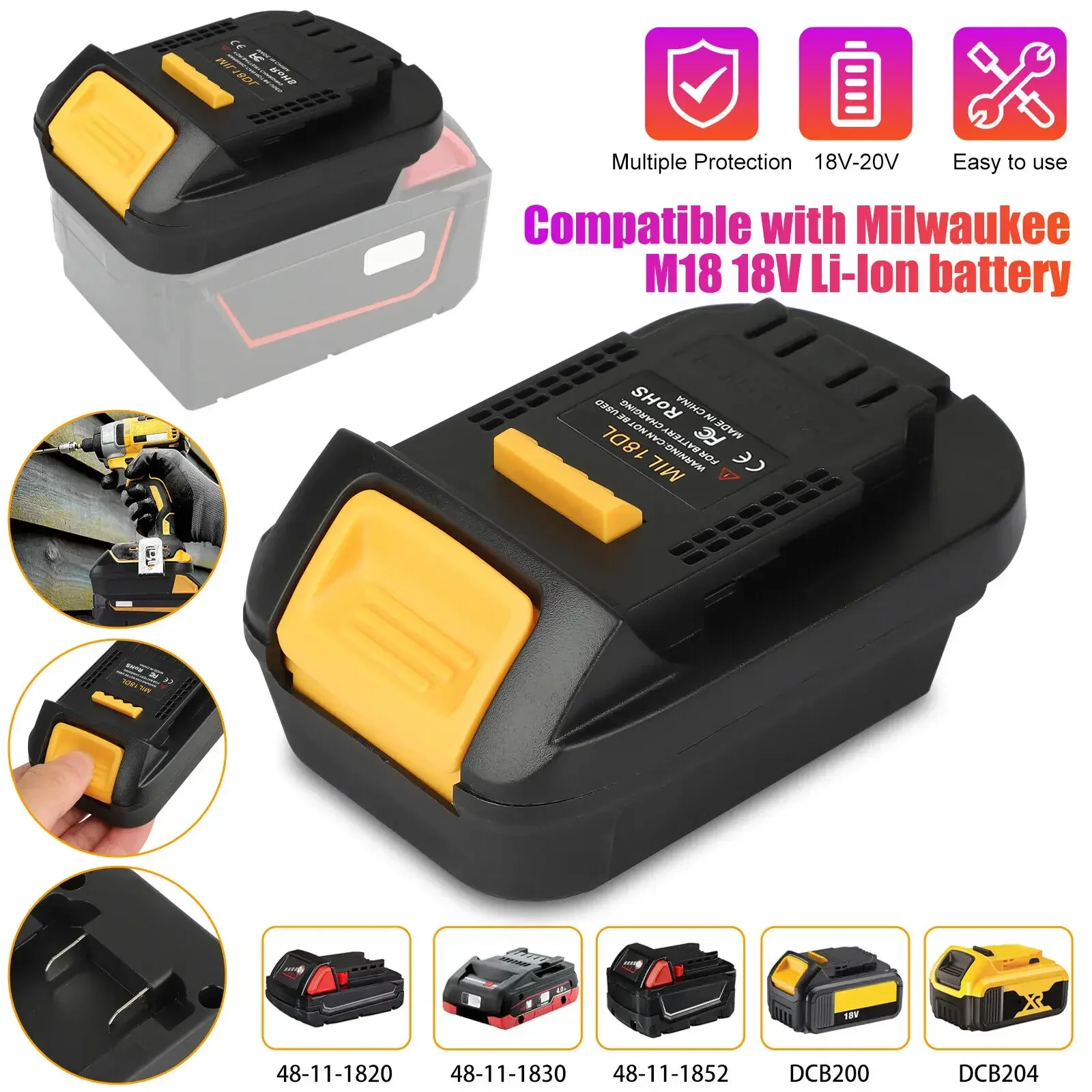 

MIL18DL Battery Adapter Converter for Milwaukee 18V Li-ion Battery Convert to For Dewalt 18V 20V Li-ion Battery Power Tools