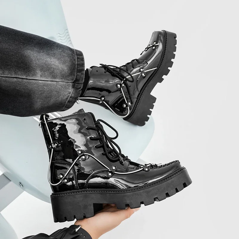 Zapatos Brogue negros para hombre, zapatos de vestir Oxford con plataforma clásica, calzado de charol Retro, zapatos de fiesta de tobillo bajo