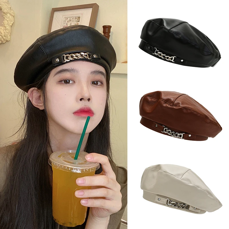 Women Fashion Vintage Elegant Metal Chain Leather Octagonal Beret Ladies Vintage Solid Colours Beret Caps