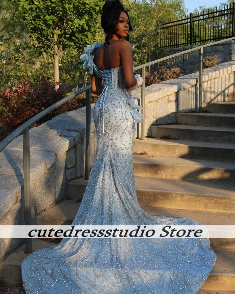 فساتين سهرة رائعة باللون الأزرق الفاتح فاخرة بأحجار الراين والزهور حورية البحر فساتين حفلات فستان نسائي نيجيري مخصص