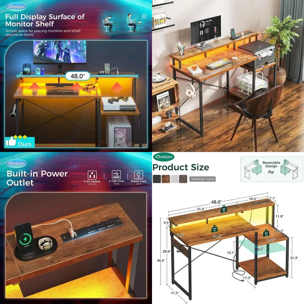 

48. Игровой стол в деревенском стиле со светодиодной подсветкой, розеткой, хранилищем и подставкой для монитора.