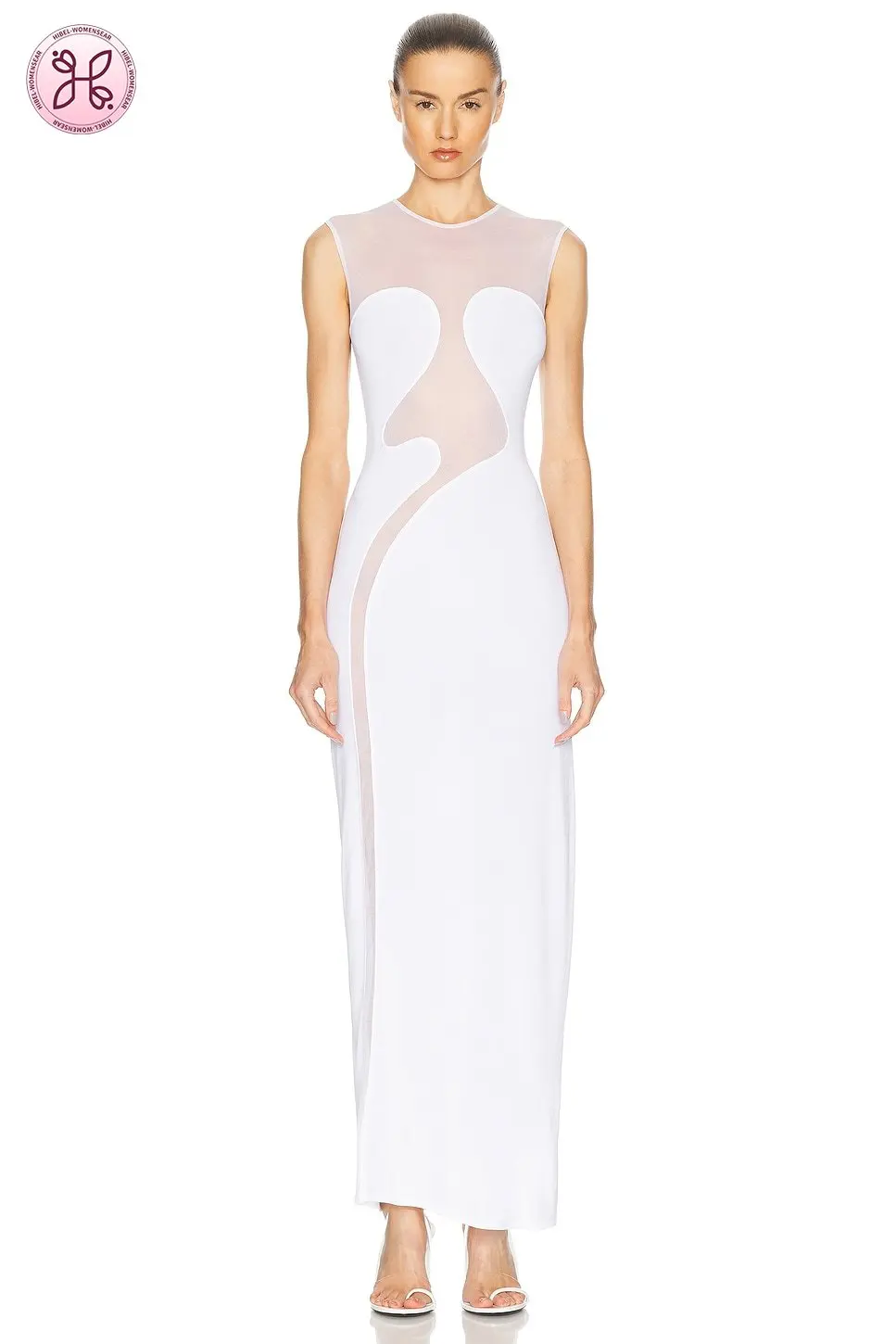 Nieuwe bandage-feestjurk voor dames uit 2025 |   Witte bodycon-jurk met tule inzetstuk |   Rekbare elegante clubkleding