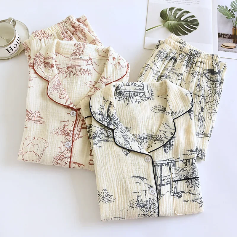 

2025 Spring and Autumn Women's New Pajama Set 100% Cotton Crepe Long sleeved Pants Cute Home Fury Two piece Set Pijamas Ladies