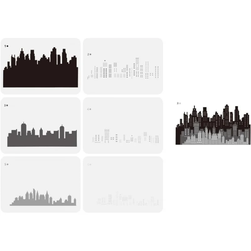 Estêncil de horizonte da cidade em camadas, 6 peças, 11,7x8,3 polegadas, modelo de padrão de edifícios reutilizáveis, madeira, parede, tecido e móveis