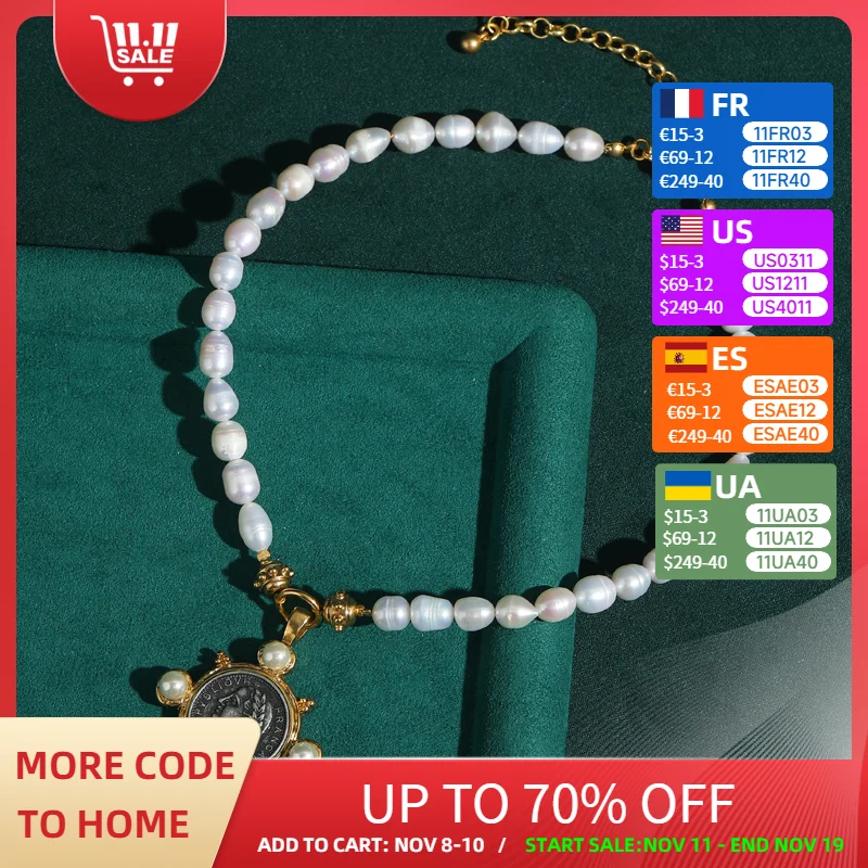 

Винтажное антикварное красивое портретное монетное ожерелье с жемчугом, ювелирные изделия, пресноводное женское колье, золотой цвет, аксессуары в стиле ретро