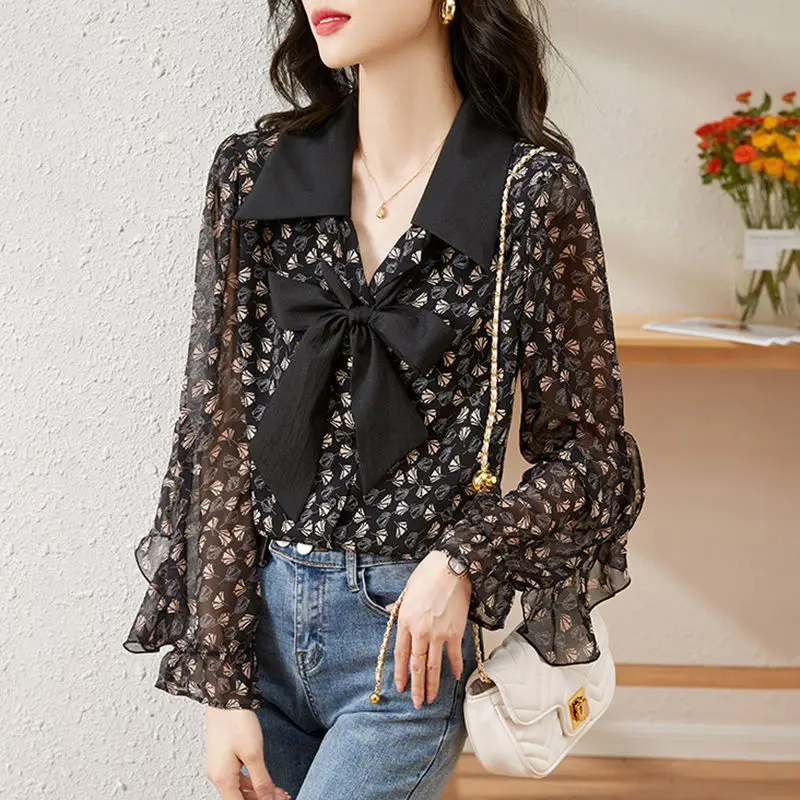 

Women Spring Autumn Elegant Temperament Floral Polo Collar Chiffon Shirts Ladies Fashion Office Lady All-match Trend Bow Tops