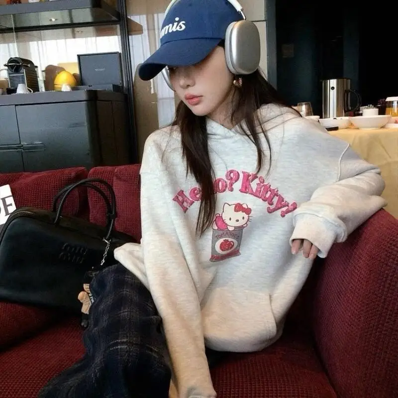 

Толстовка женская Hello Kitty на флисовой подкладке, новая модель 2026 года, для весны, осени, зимы, стильная, универсальная, повседневная одежда для студентов