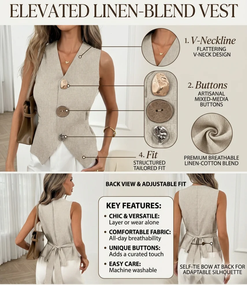 Neue Damen-Weste aus Baumwolle und Leinen für Frühling, Sommer und Herbst, elegantes Design mit Rückenbindung und einzigartigen handgenähten Knöpfen – Detail 2