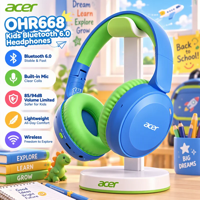 Acer Kinder Bluetooth 6.0 Kopfhörer mit Eingebautem Mikrofon 85/94dB Lautstärkebegrenzung Leichte Over-Ear Kabellose Kopfhörer für Kinder