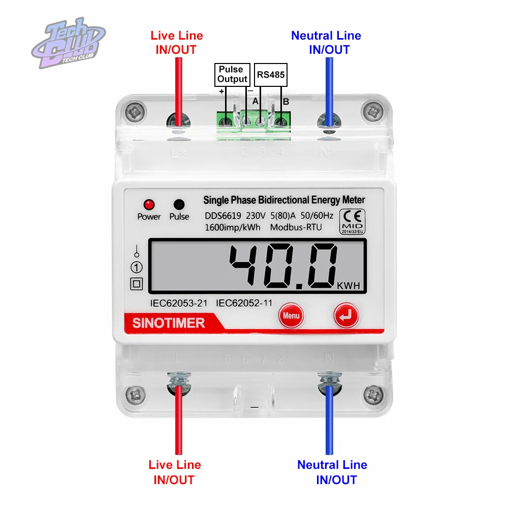 Single Phase AC 230V 60A Electricity Energy Meter KWH RS485 Modbus RTU Communication Pulse Output Power for Electrician Tool