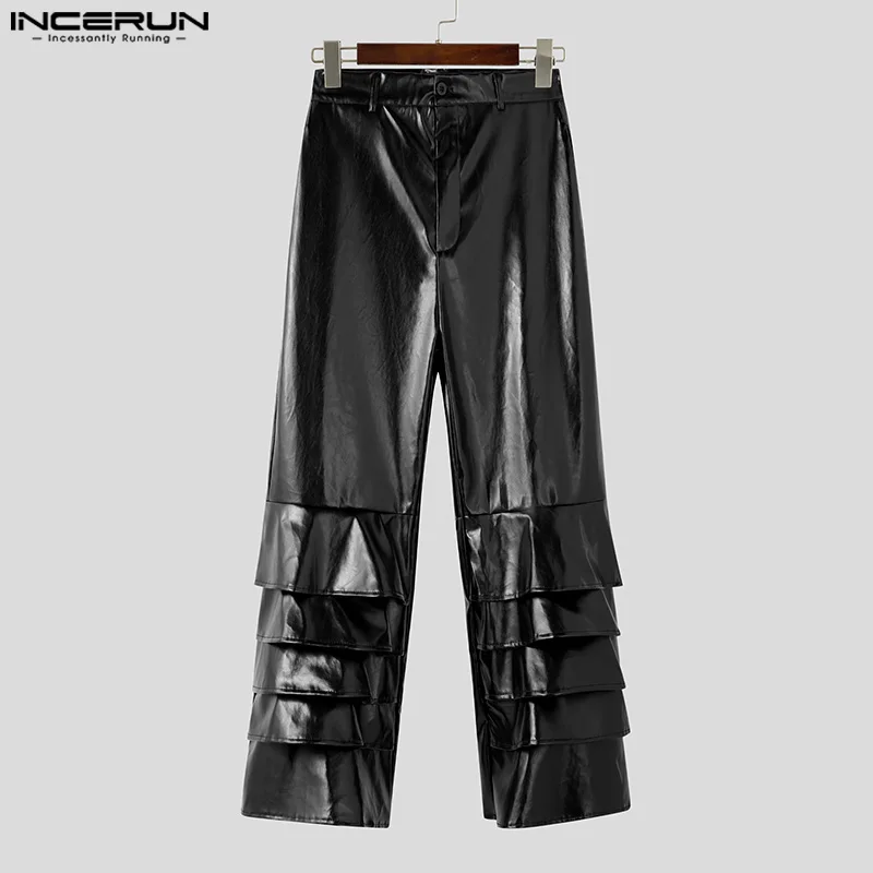 INCERUN Men PU Leather Trousers 2024 Simple Solid Multilayer Pants Ruffled Edge Loose Pants Handsome American Style Male Bottoms