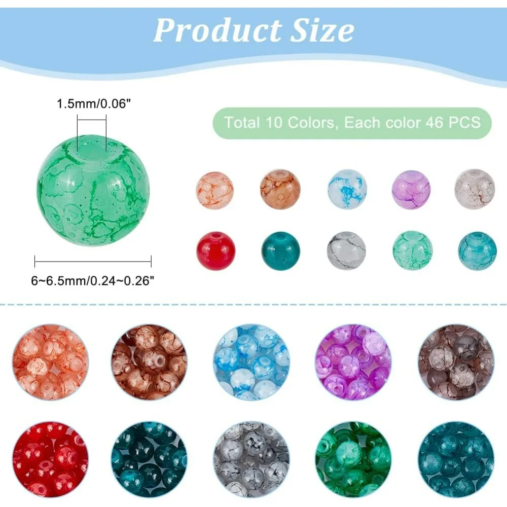 460 Pcs 6mm Crackle Glass Beads 10 Colors Imitation Jade Beads Split Glass Round Loose for Bracelet Necklace Jewelry making kit