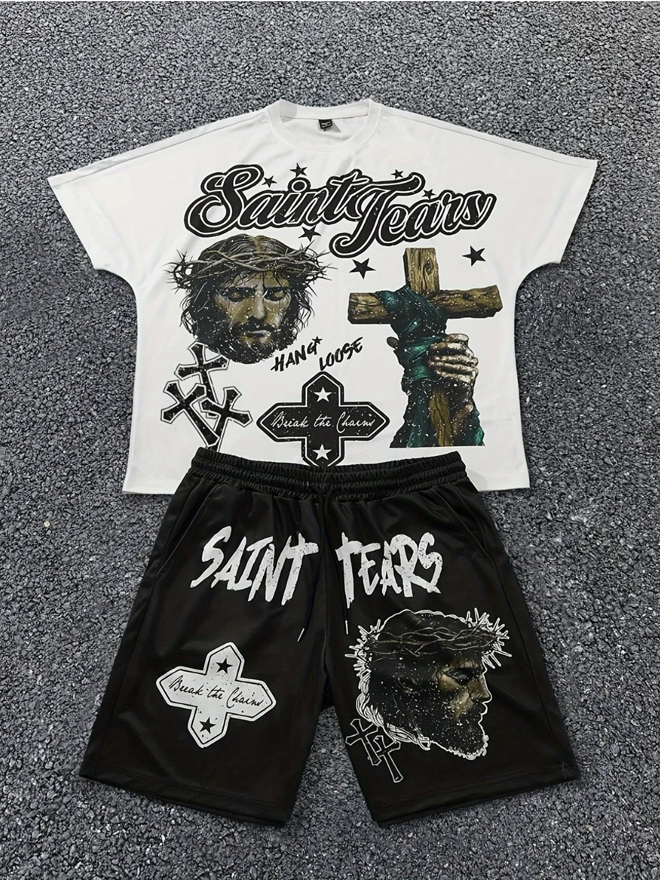 

2-Piece Boys Casual Flame Letter Graphic Printed Short Sleeve T-Shirt and Shorts Set