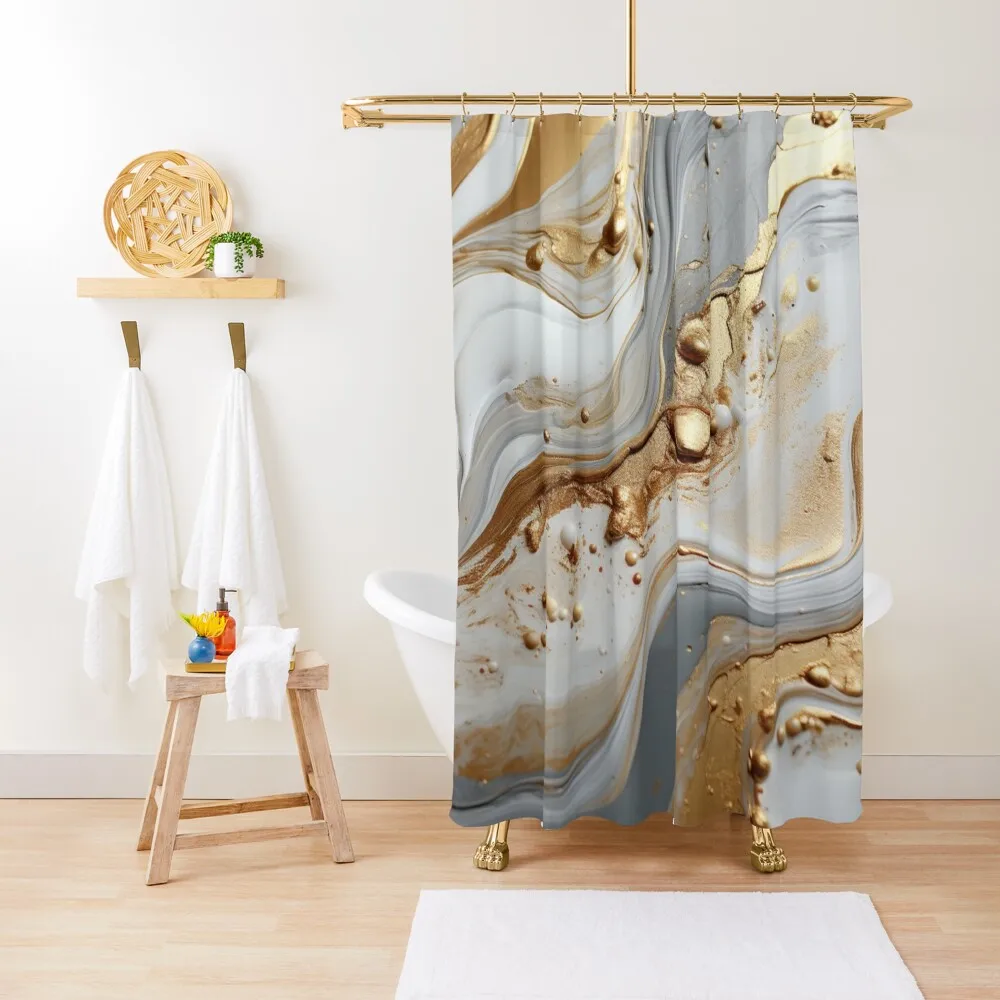 

Liquid Paint Pour in Gold and Silver Shower Curtain Washable Waterproof Fabric Shower Funny Shower Bathroom And Curtain