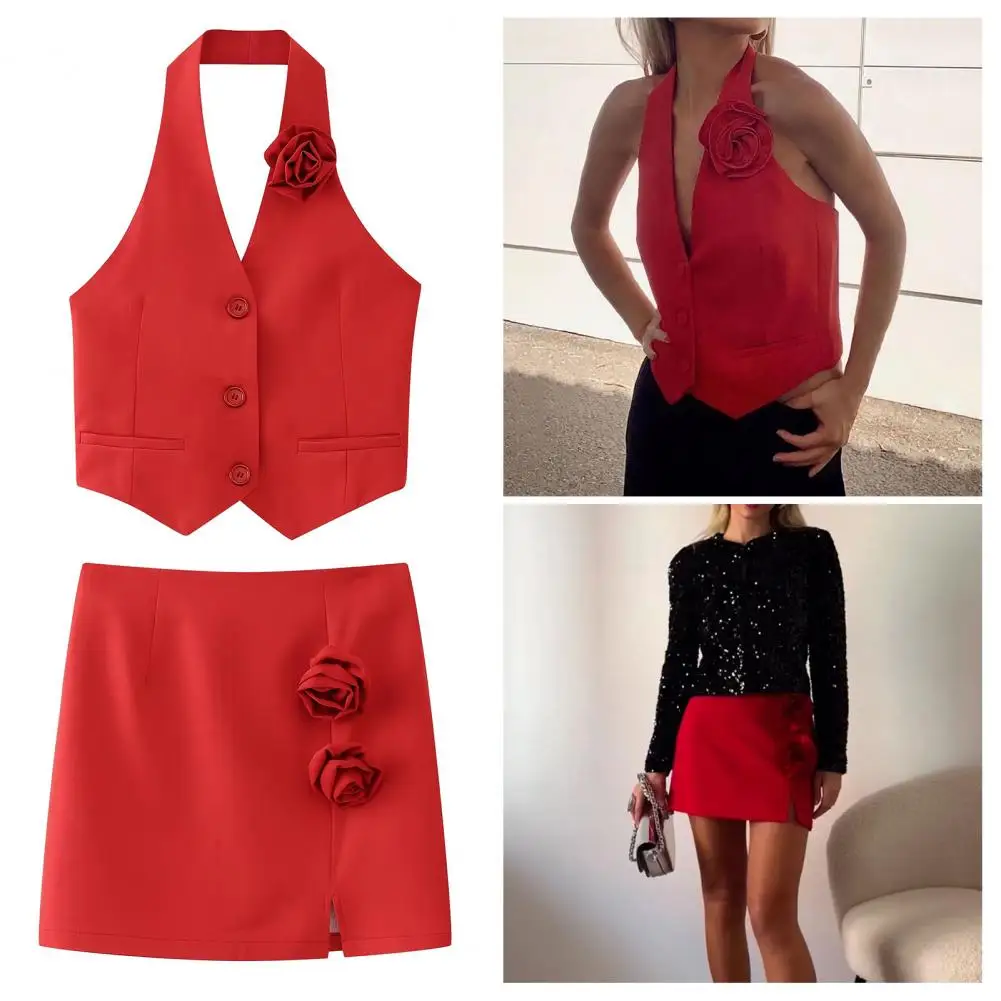 Dames Vest Rok Set Elegante Roze Decor Gilet Mini Rok Set Voor Prom Party Halter Nek Off Shoulder Design Met 3d Rose