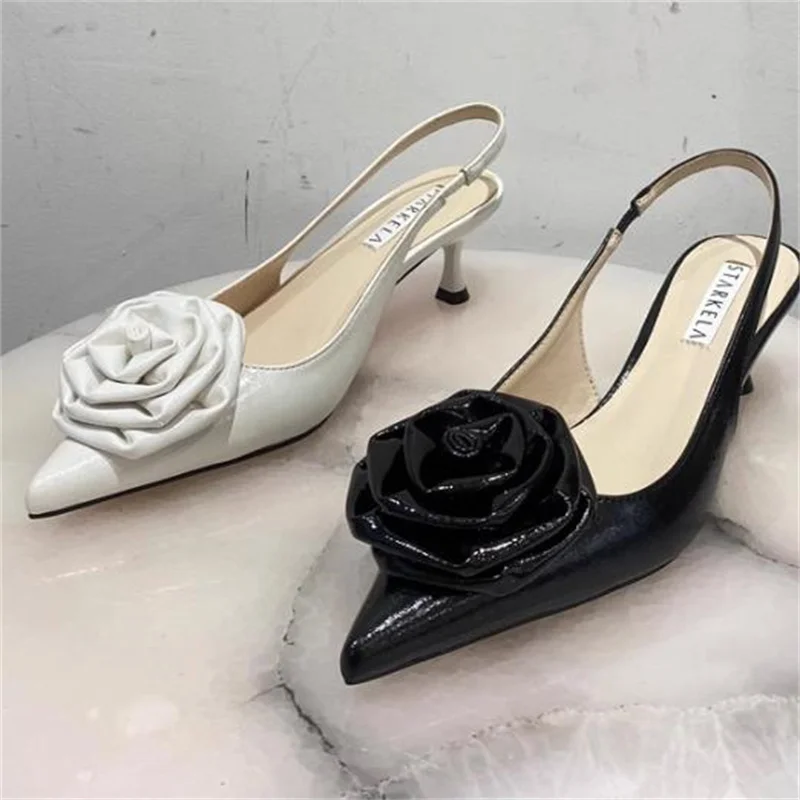 

Flower Decoration Shoes for Women Pointed Toe Tacones Back Strap Female Sandals Patent Leather Chassure Femme Sewing Lines Lady